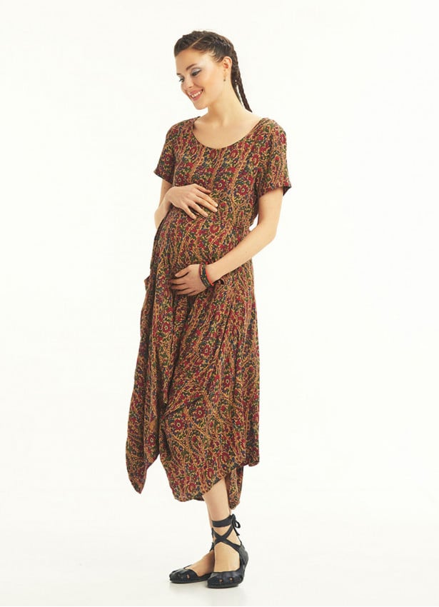 Authentic Pool Neck Half Sleeve Claret Red Patterned Long Maternity Dress