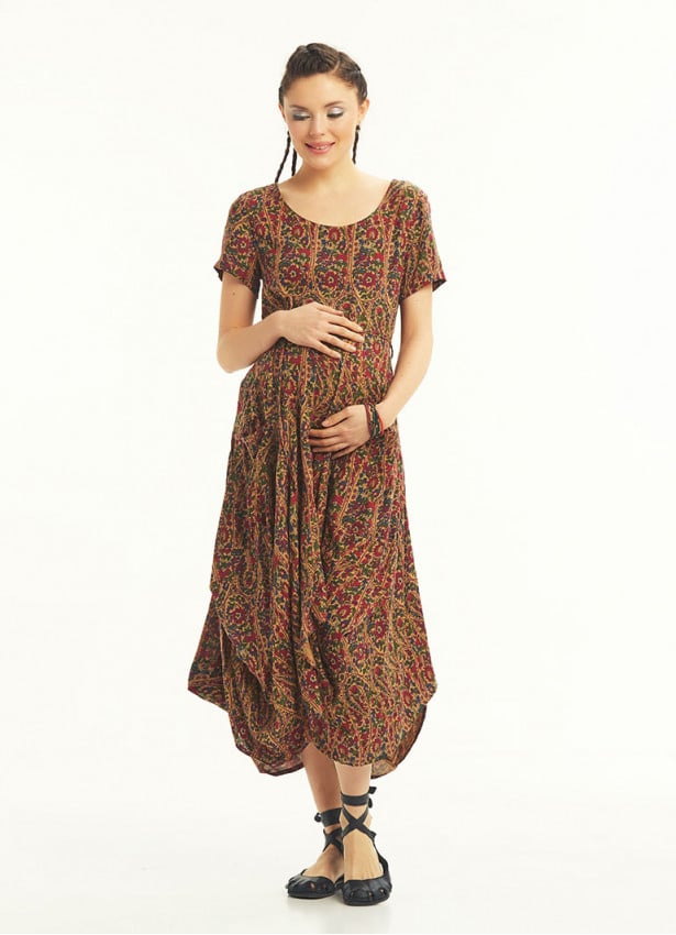 Authentic Pool Neck Half Sleeve Claret Red Patterned Long Maternity Dress