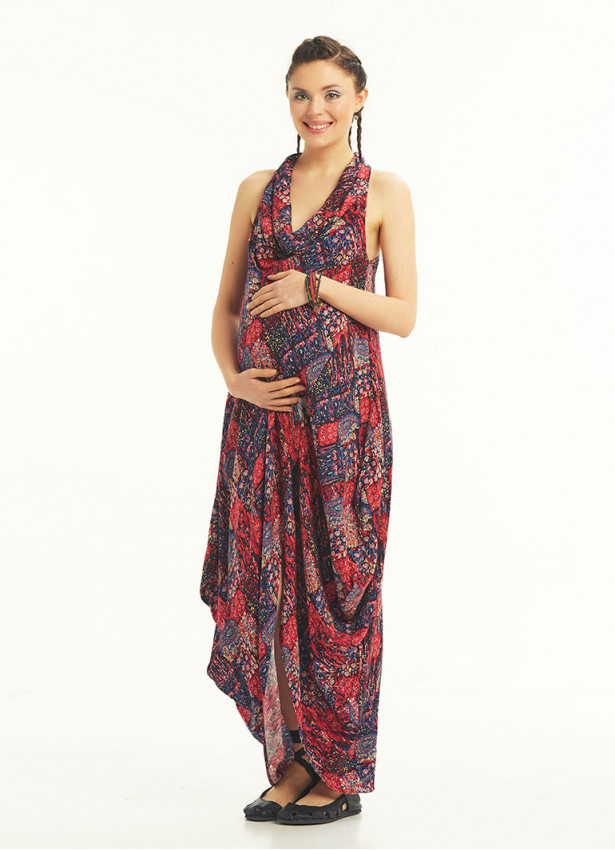 Bohemian Stylish Authentic Degaje Neck Red Patterned Maternity Dress