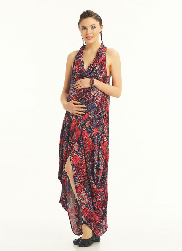 Bohemian Stylish Authentic Degaje Neck Red Patterned Maternity Dress