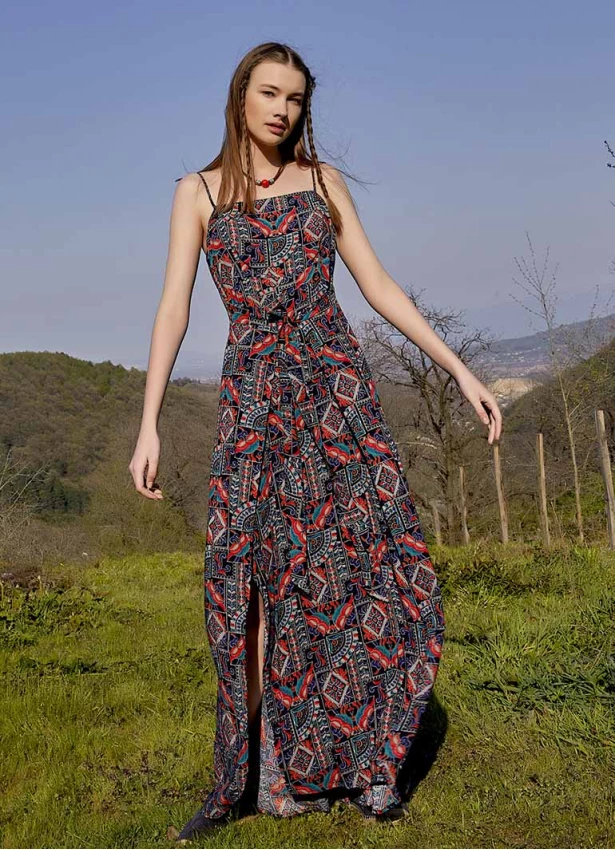 Blue Patterned Strappy Wrap Maxi Dress