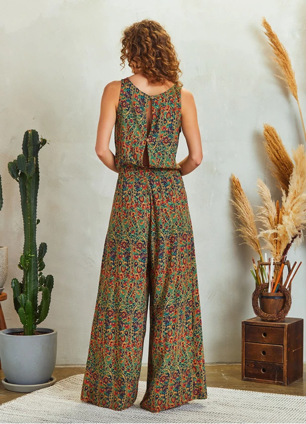 Ethnic Print Wrap Front Sleeveless Overall