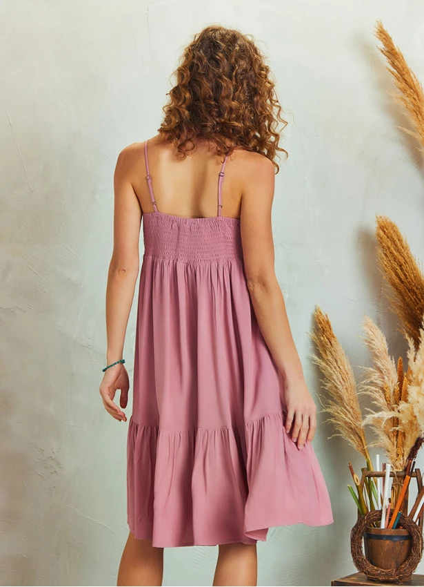 Strappy Square Neck Boho Style Tiered Pink Dress