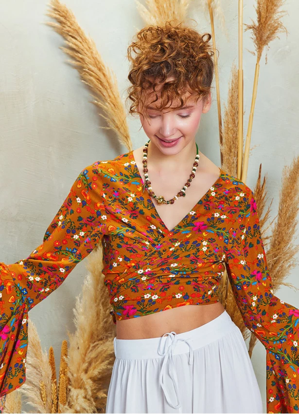 Yellow Flower Gypsy Style Bell Sleeve Crop Top