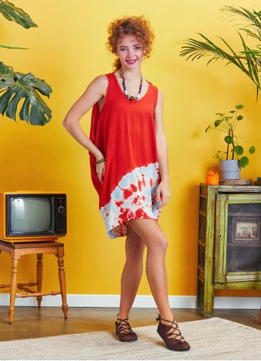 Sleeveless Loose Red Batic Tie Dye Tunic Dress