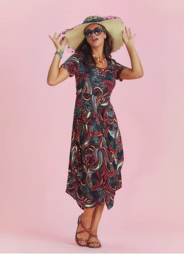 Black Print Asymmetrical Hem Half Sleeve Bohemian Long Dress