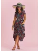 Black Print Asymmetrical Hem Half Sleeve Bohemian Long Dress