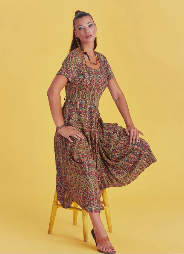 Authentic Pool Neck Half Sleeve Claret Red Patterned Long Dress