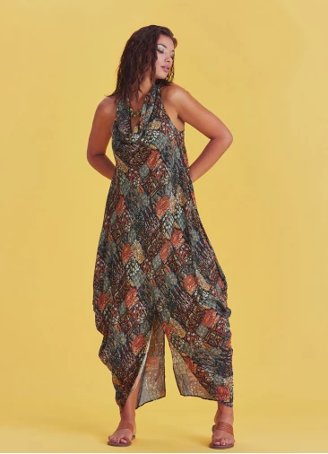 Bohemian Stylish Authentic Degaje Neck Khaki Patterned Dress