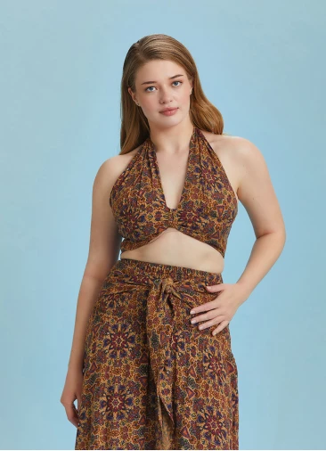 Boho Chic Shirred Back Tie Neck Halter Paterned Crop Plus Size Top