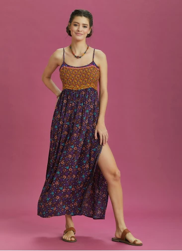 Strappy Button Back Orange Floral Slit Dress