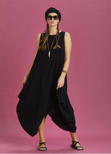 Sleeveless Front Layered Black Baggy Summer Dress