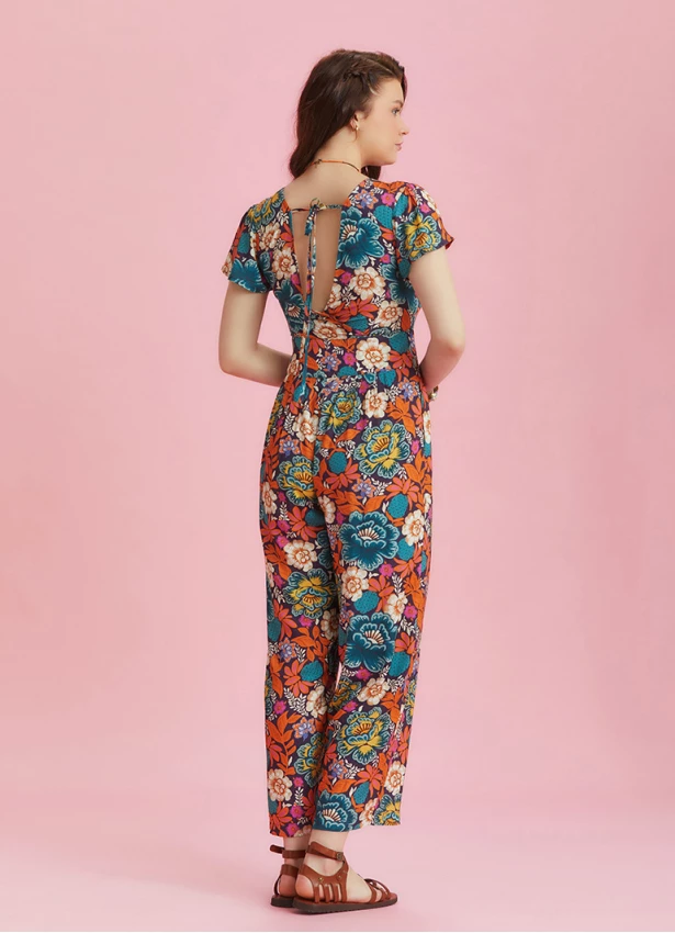 Half Sleeve Floral Patterned Bohemian Jumpsuit