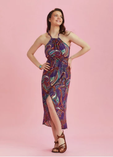 Purple Patterned Halter Neck Summer Dress