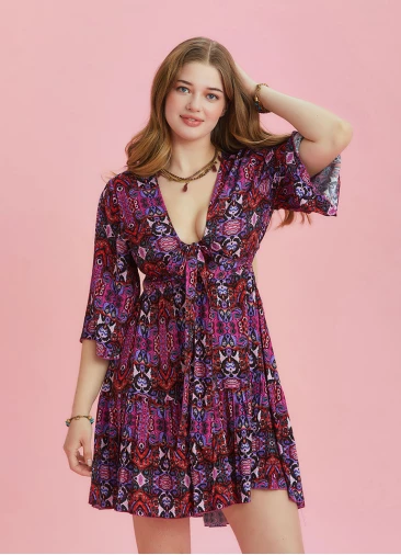 Frill Hem Tie Front Red Short Plus Size Dress