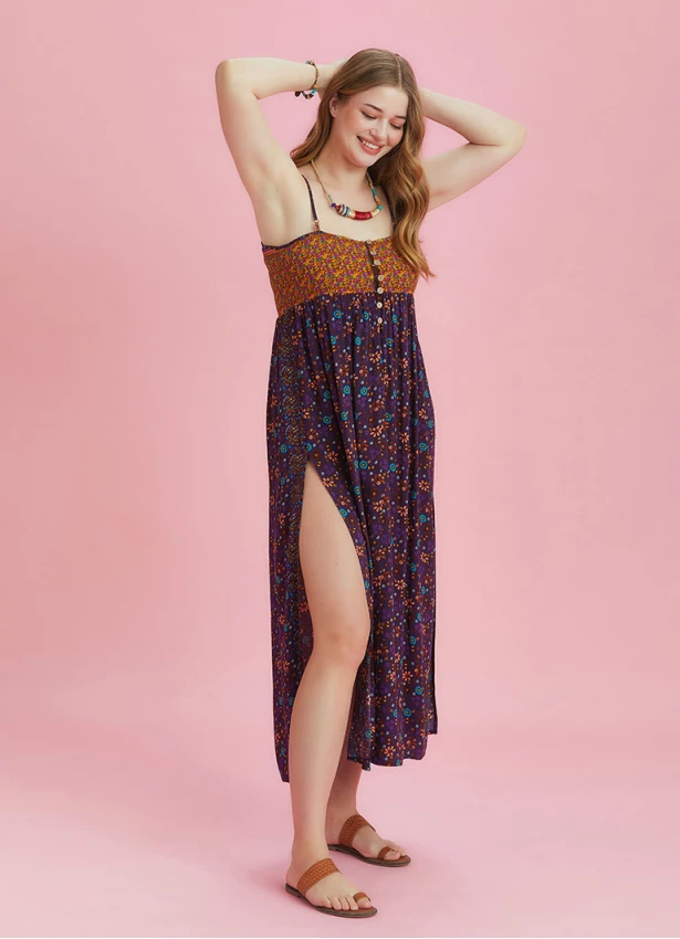 Strappy Button Back Orange Floral Slit Plus Size Dress