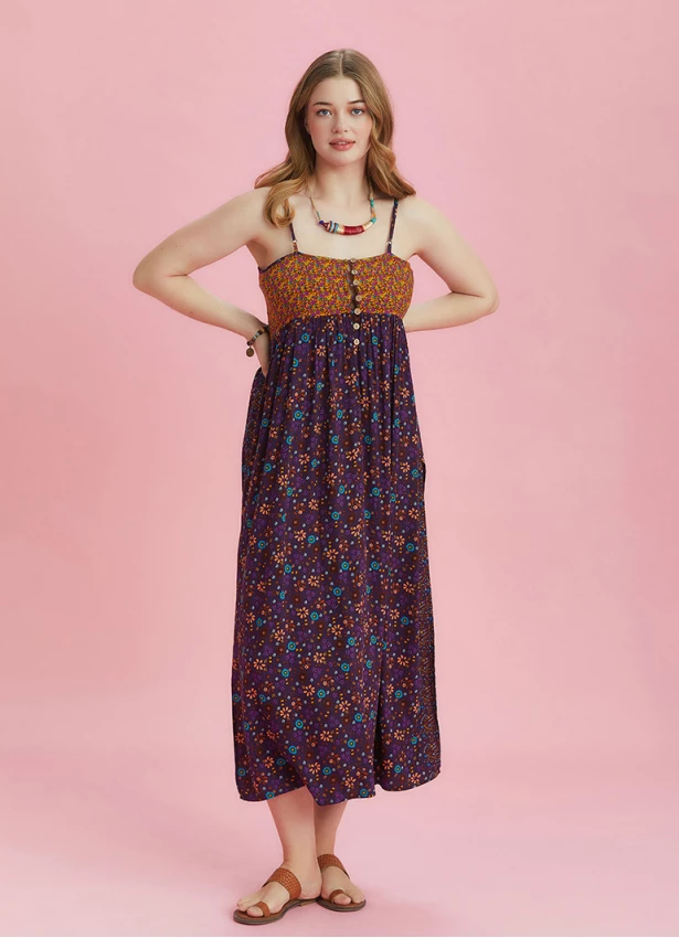 Strappy Button Back Orange Floral Slit Plus Size Dress