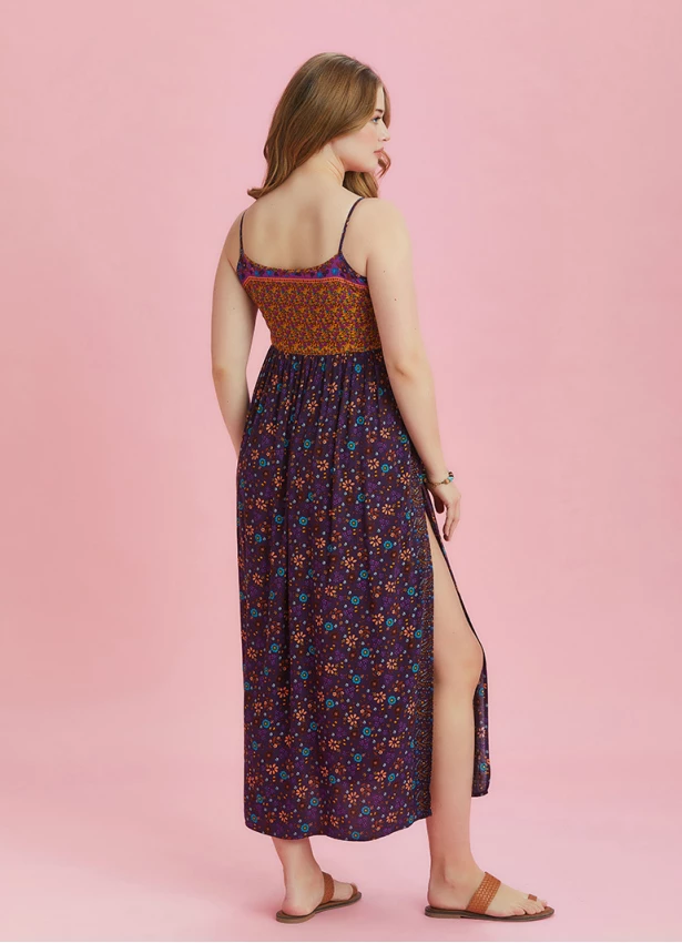 Strappy Button Back Orange Floral Slit Plus Size Dress