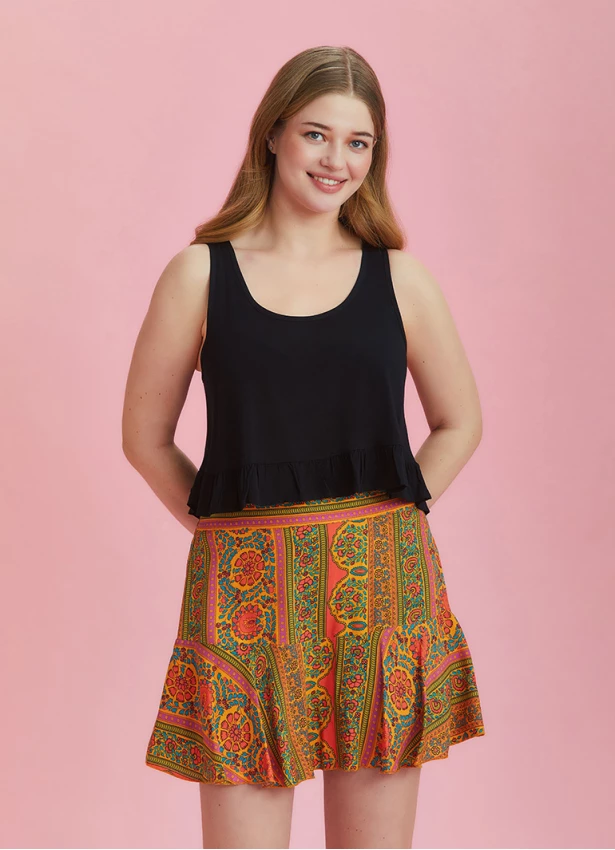 Boho Chic Style Orange Ruffled Plus Size Skort
