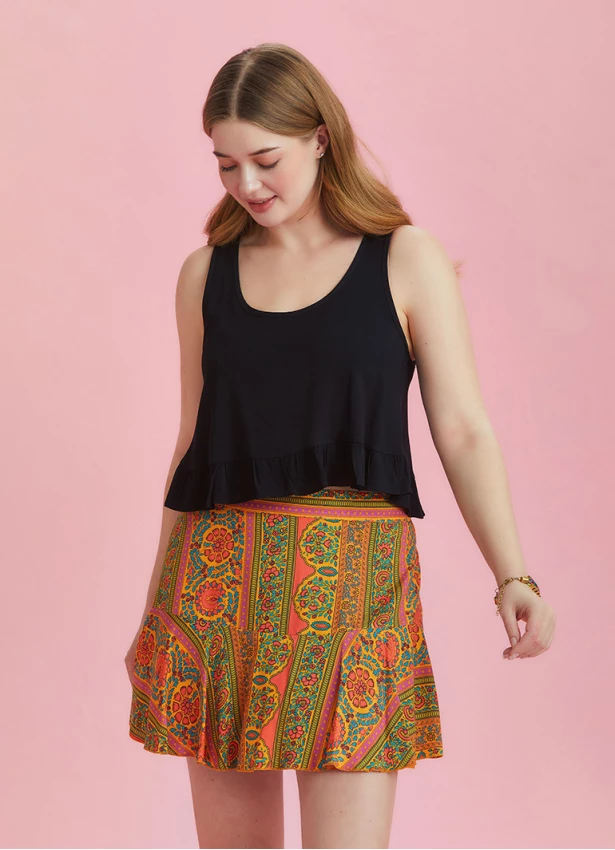 Boho Chic Style Orange Ruffled Plus Size Skort