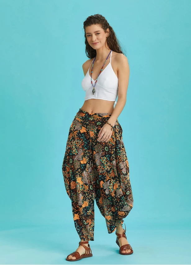 Draped Elastic Waist Floral Print Hippie Pants