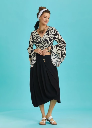 Button Closure Wrap Front Black Pleated Midi Skirt