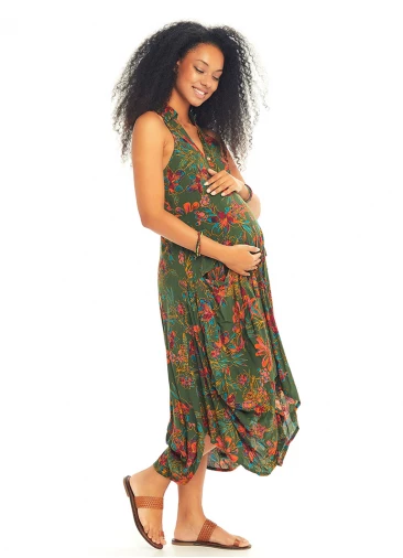 Shirt Collar Sleeveless Floral Maternity Dress