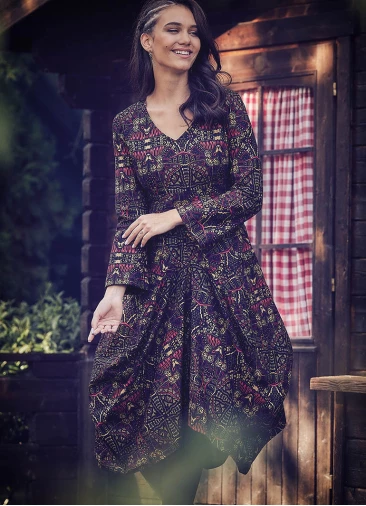 Ethnic Print Asymmetrical Hem Long Sleeve Dress