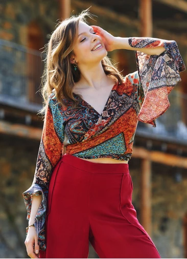 Etnic Patterned Gypsy Style Bell Sleeve Crop Top