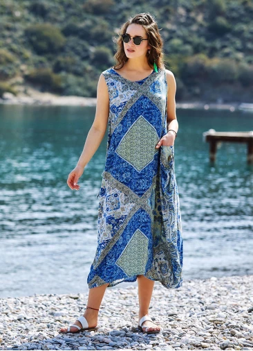 Blue Print Scoop Neck Pocket Detail Boho Maxi Dress