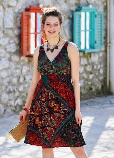 Double Breasted Neck Line Shirred Waist Bohemian Sundress