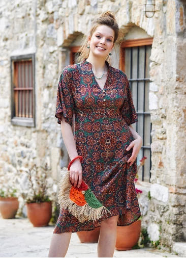 Patterned Button Detailed V Neck Half Sleeve Green Midi Dress 4447