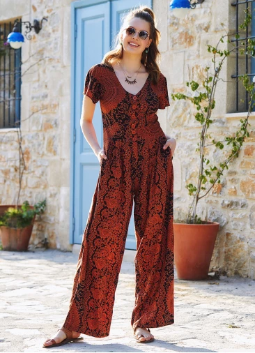 Half Sleeve Wide Leg Bohemian Jumpsuit