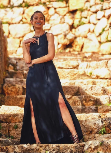 Ethnic Pattern Boho Slit Long Overhead Black Dress
