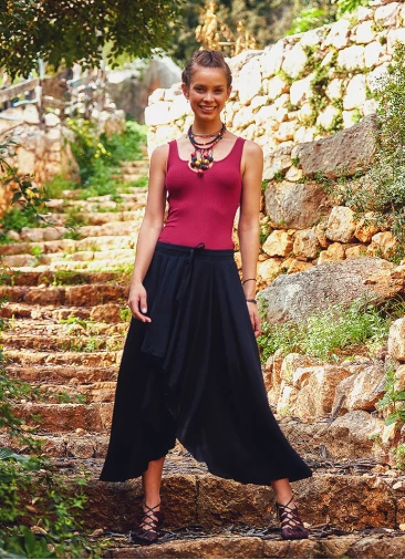 Hem Detailed Elastic Waist Wholesale Gypsy Black Flowy Midi Skirt